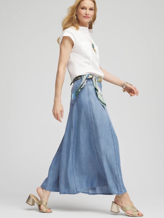 Chico's Dresses & Skirts - Light Blue Denim Maxi Skirt A Line with Flared Panels Lightweight Chambray Fall